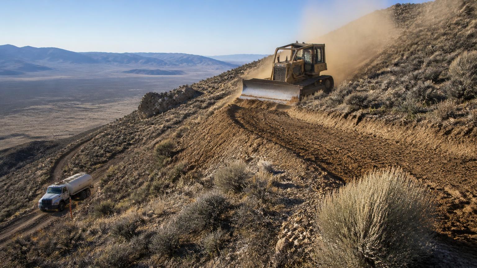 Dozer cutting a drill access road along a Nevada ridge