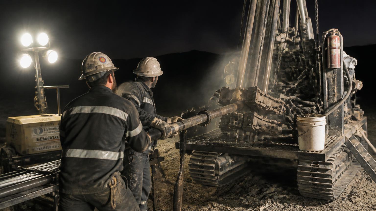 Gorilla Drillers crew pulling a core barrel under light plants at night