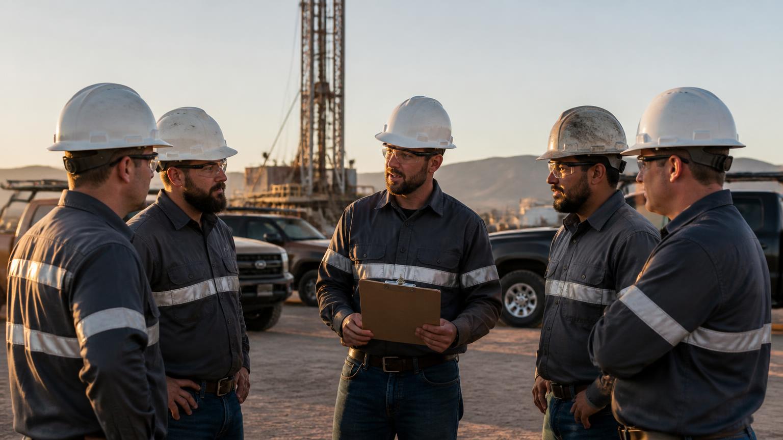 Gorilla Drillers crew running a pre-shift toolbox safety meeting on the pad