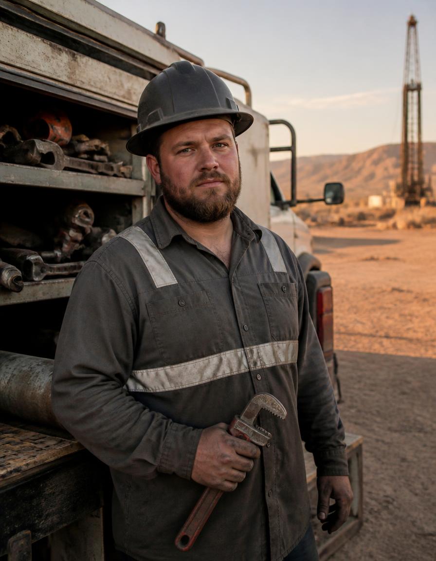 Ty B., Lead Field Mechanic at Gorilla Drillers, in company uniform