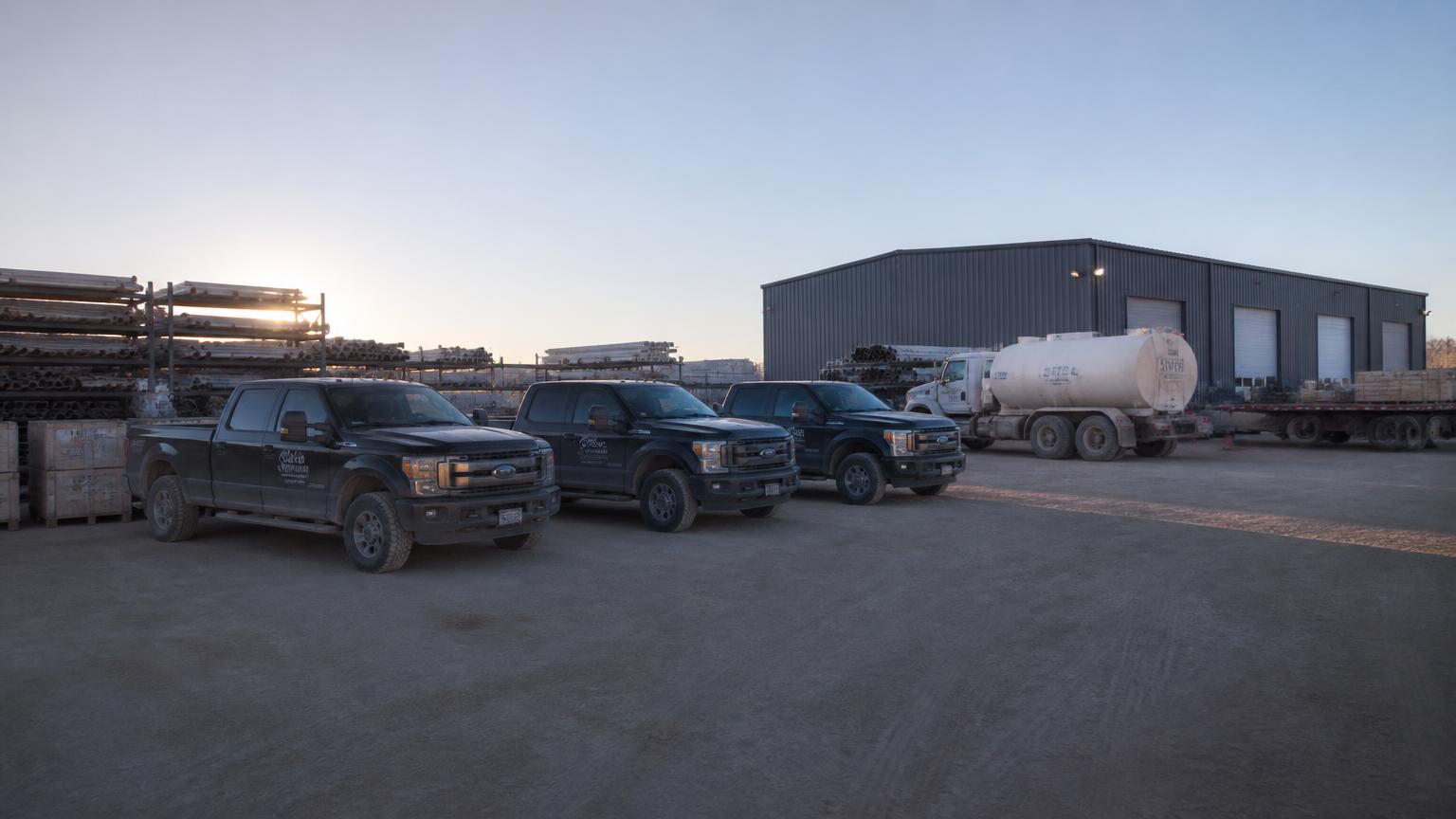 Gorilla Drillers truck fleet staged at the Hawthorne yard at dawn