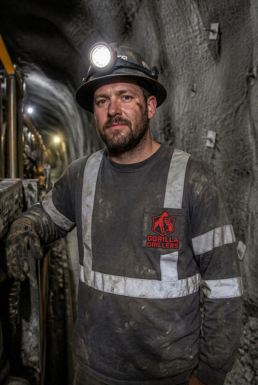 Billy J., Gorilla Drillers underground driller, in a lit mine heading in company uniform