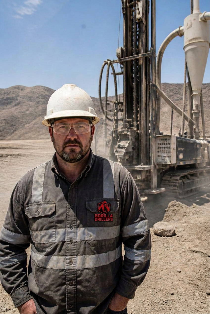 Greg T., Gorilla Drillers RC driller, on a Nevada pit pad in company uniform